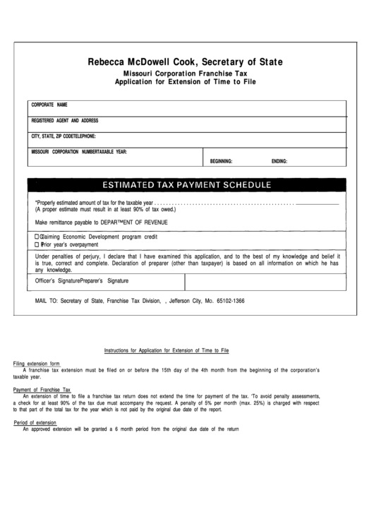 Application For Extension Of Time To File - Missouri Secretary Of State