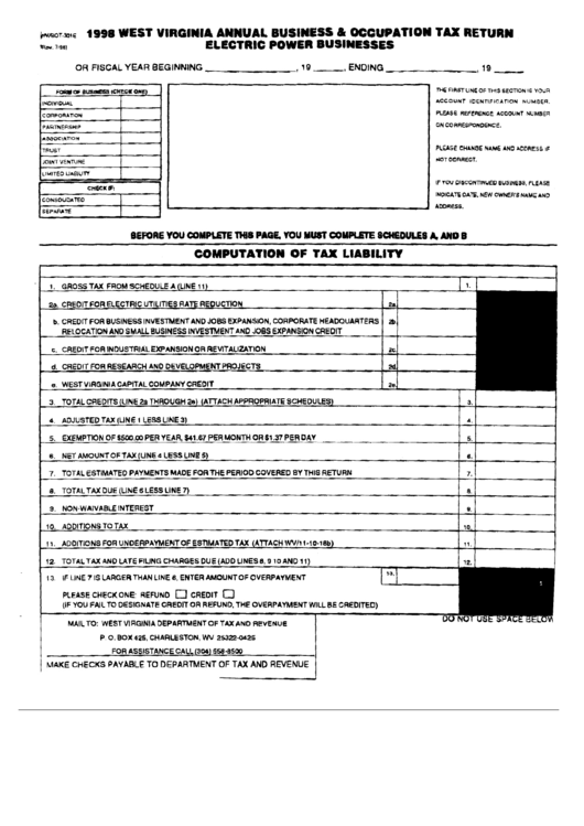 Form Wv/bot-301e - West Virginia Annual Business & Occupation Tax Return - Electric Power Business - 1998 Printable pdf