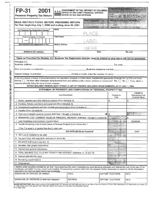 Form Fp-31 - Personal Property Tax Return - Government Of The District Of Columbia - 2001 Printable pdf