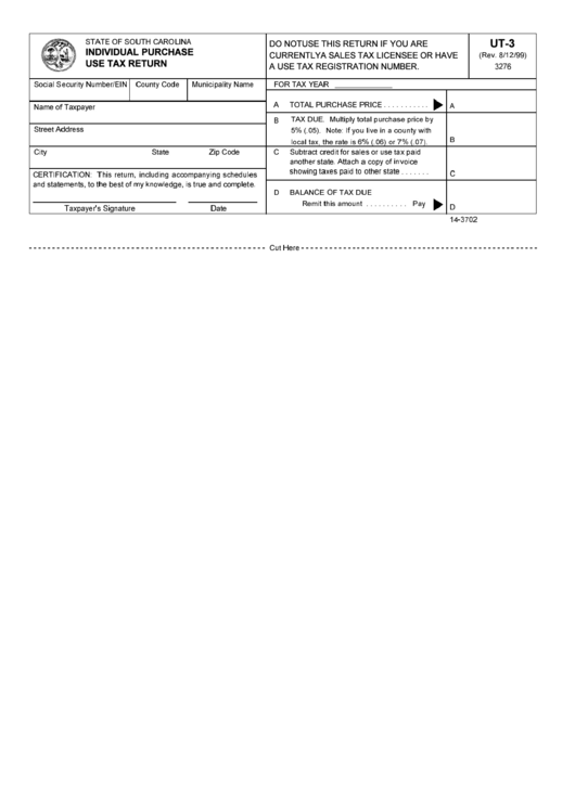 Form Ut-3 - Individual Purchase Use Tax Return - 1999 Printable pdf