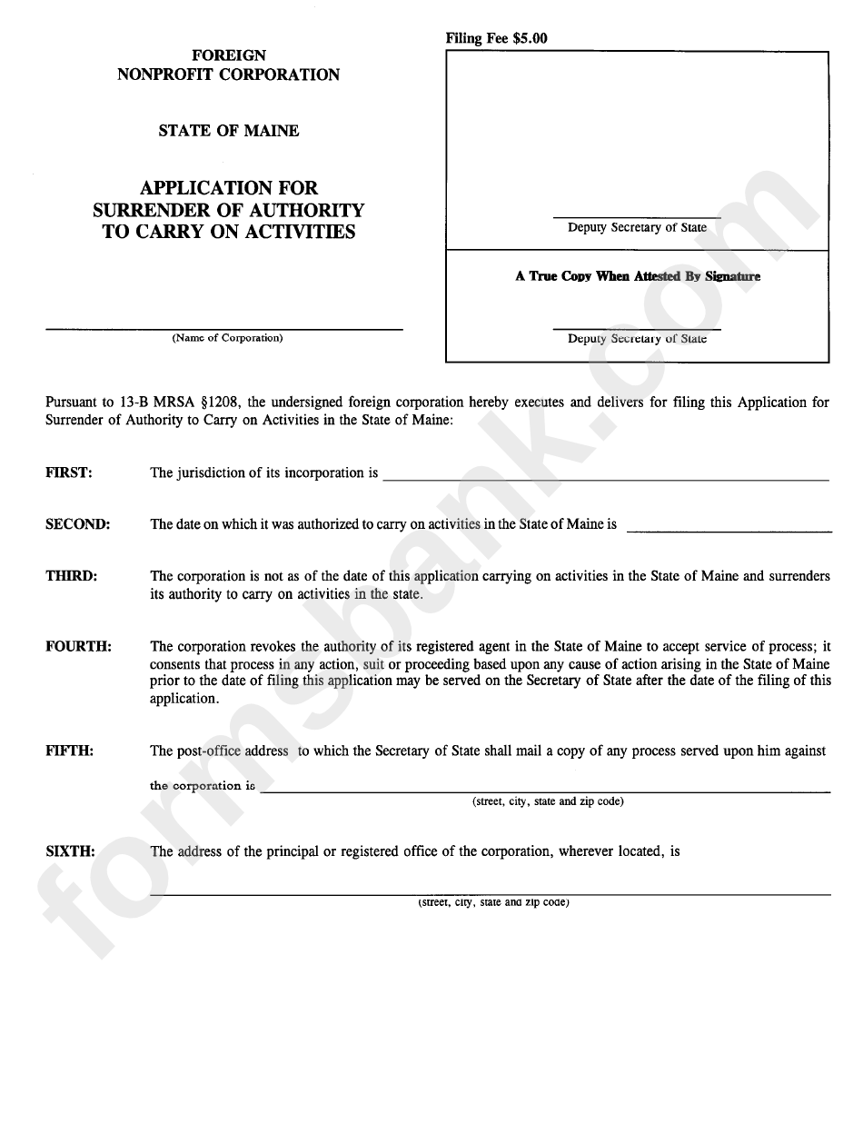 Form Mnpca-12b - Application For Surrender Of Authority To Carry On Activities - Maine Secretary Of State