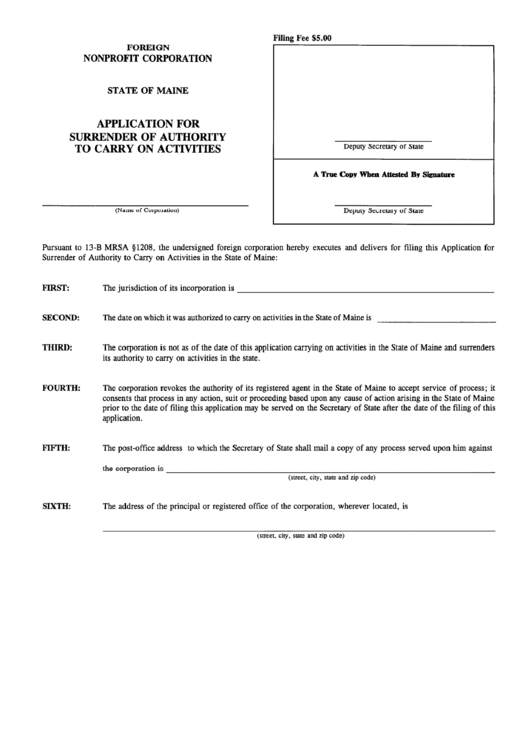 Form Mnpca-12b - Application For Surrender Of Authority To Carry On Activities - Maine Secretary Of State Printable pdf