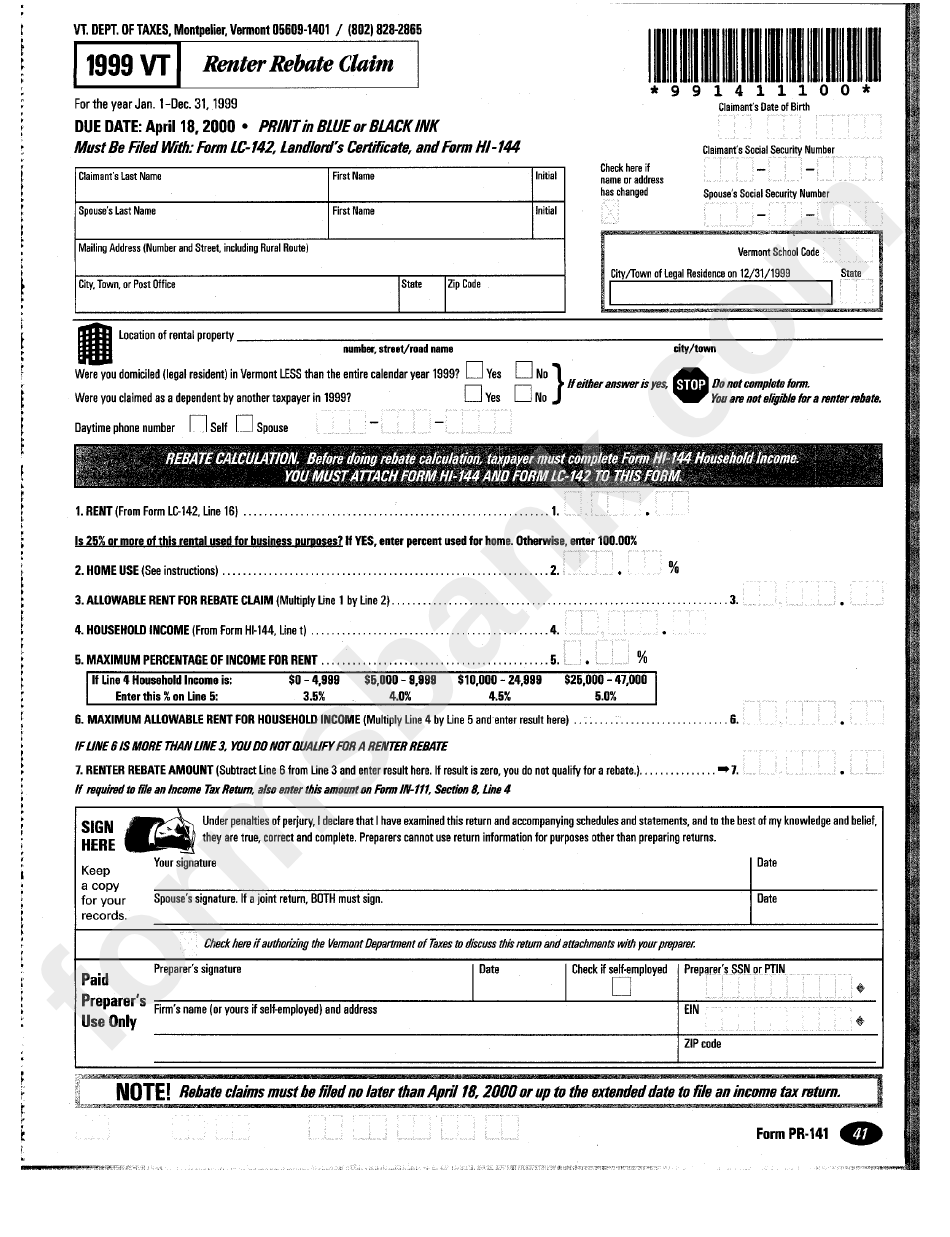 Form Pr 141 Renter Rebate Claim Vermont Department Of Taxes 1999 