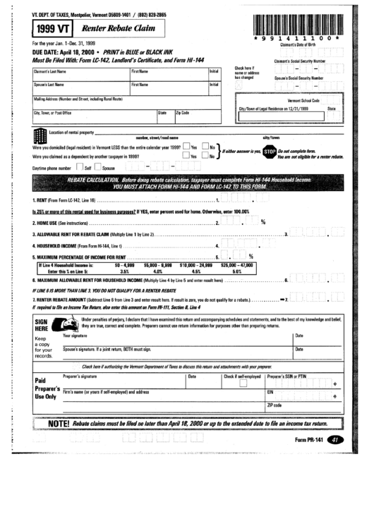 Form Pr-141 - Renter Rebate Claim - Vermont Department Of Taxes - 1999 Printable pdf