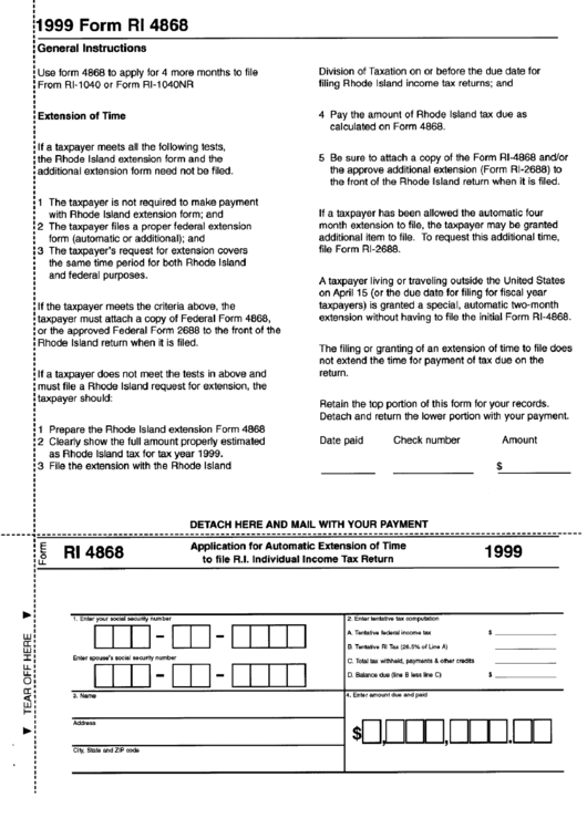 Form Ri 4868 - Application For Automatic Extension Of Time To File R.i. Individual Income Tax Return - 1999 Printable pdf