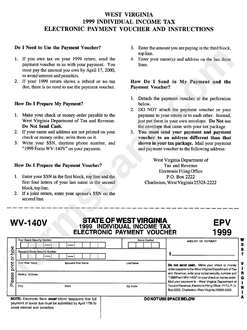 Form Wv-140v - Individual Inxcome Tax Electronic Payment Voucher - State Of West Virginia - 1999