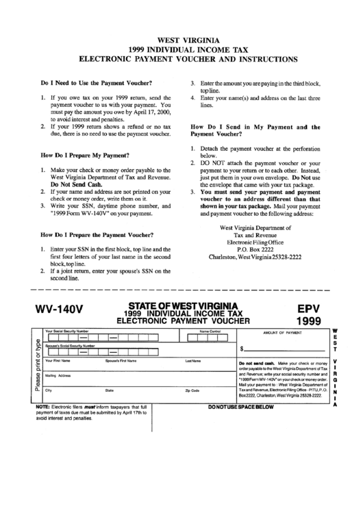 Form Wv-140v - Individual Inxcome Tax Electronic Payment Voucher - State Of West Virginia - 1999 Printable pdf
