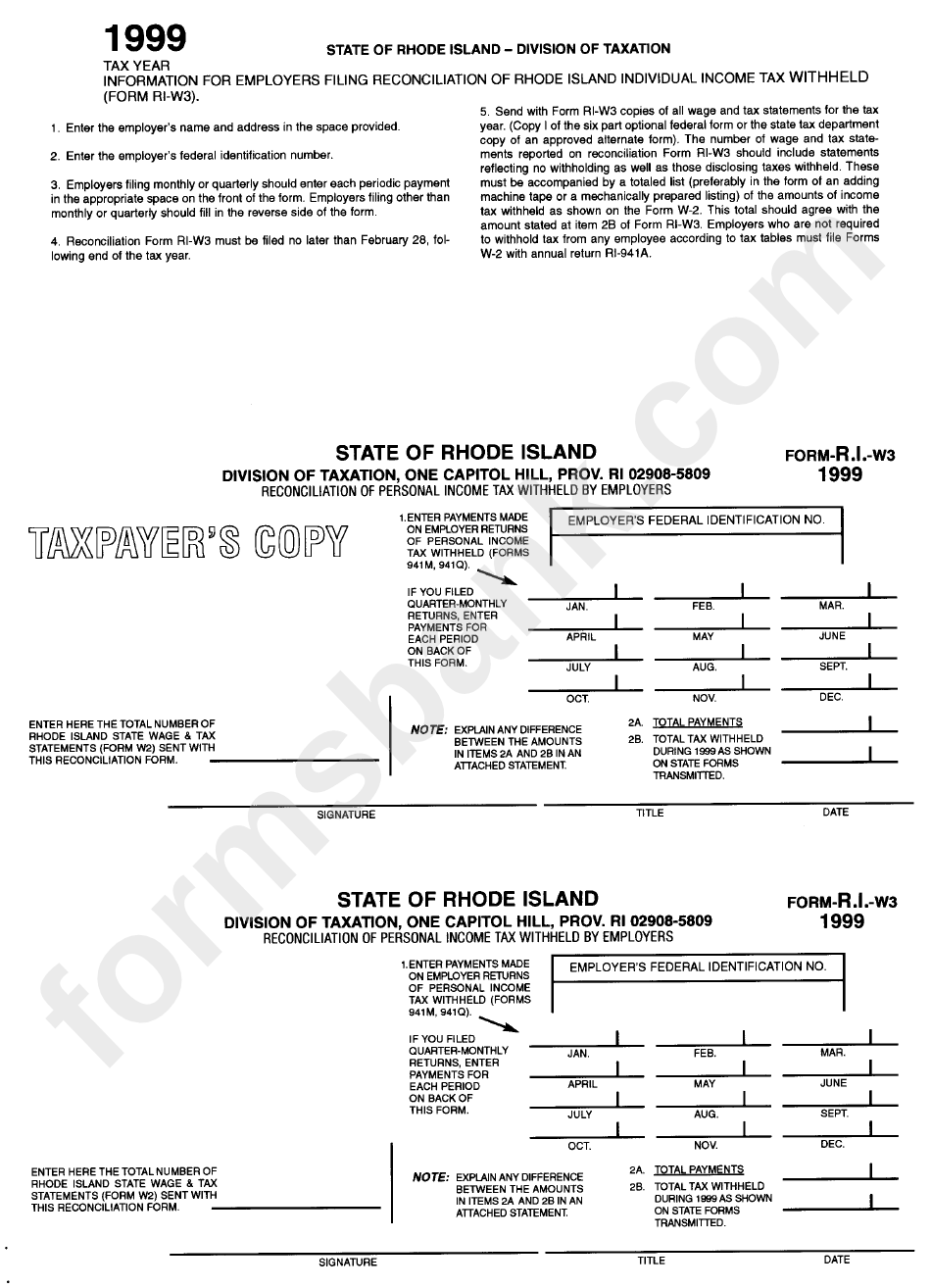 Form R.i.-W3 - Reconciliation Of Personal Income Tax Withheld By Employers - 1999