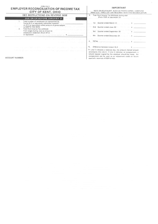 Form Kw-3 - Employer Reconciliation Of Income Tax - City Of Kent - State Of Ohio Printable pdf