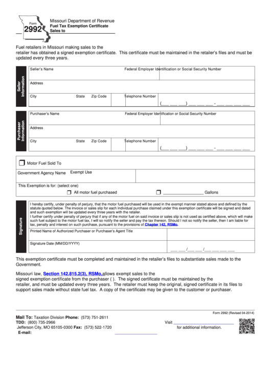 Fillable Form 2992 - Fuel Tax Exemption Certificate - Sales To U.s. Government - 2014 Printable pdf
