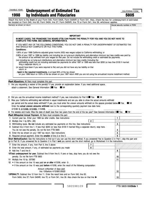 Fillable Form 5805 - Underpayment Of Estimated Tax By Individuals And Fiduciaries - 1998 Printable pdf