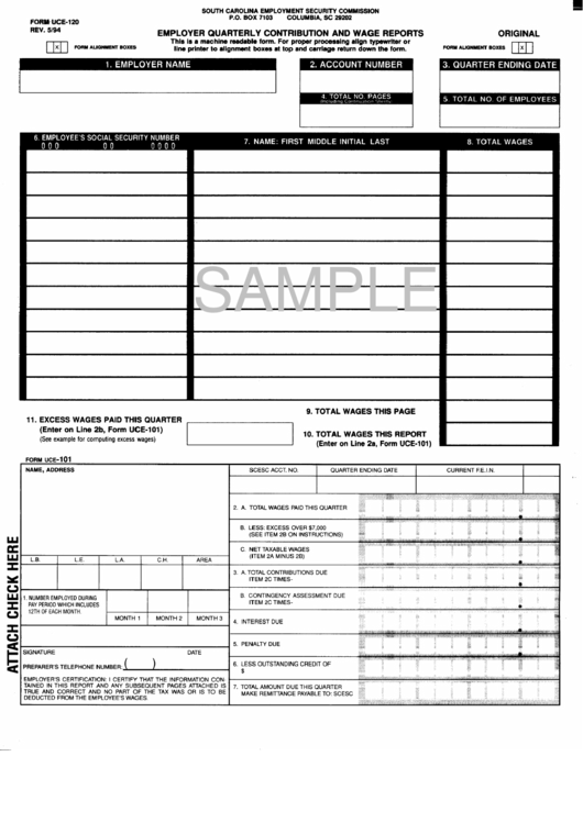 Forms Uce-120 And Uce-101 Sample - Employer Quarterly Contribution And Wage Report - South Carolina Employment Security Commission Printable pdf