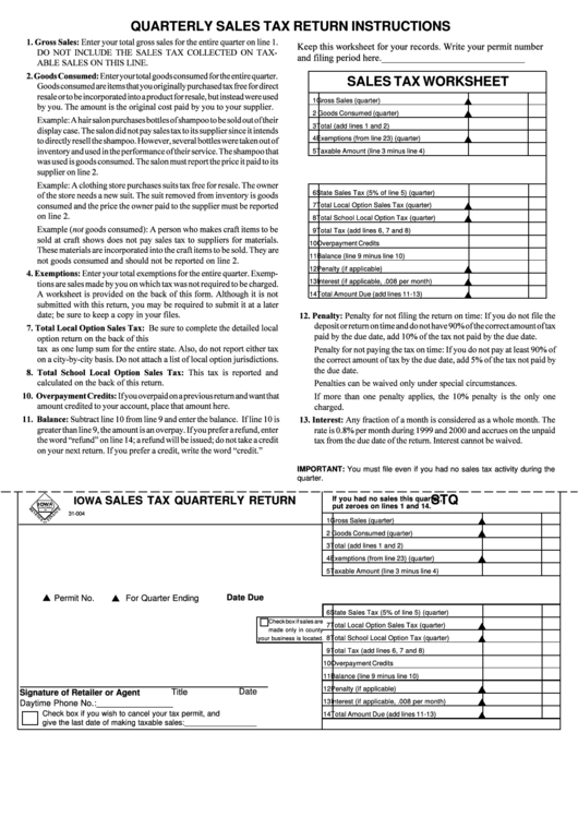 Form Stq - Quarterly Sales Tax Return Instructions - 2004 Printable pdf