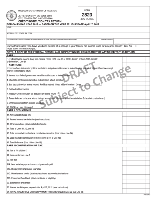 Form 2823 - Credit Institution Tax Return - 2011 Printable pdf