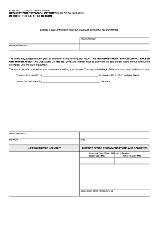 Fillable Form Bt-468 - Request For Extension Of Time In Which To File A Tax Return Printable pdf