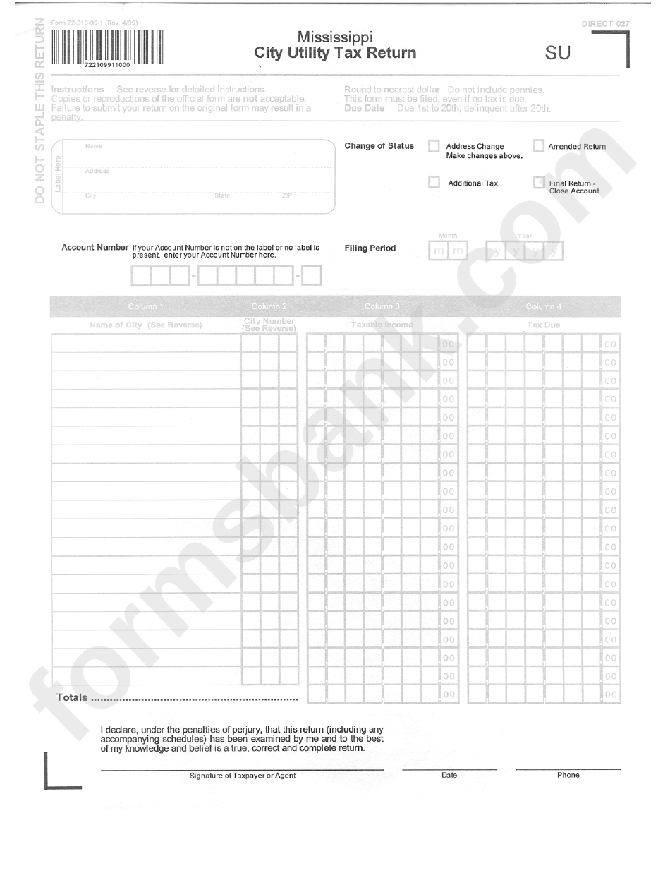 Form 72-210-99-1 - City Utility Tax Return - 1999
