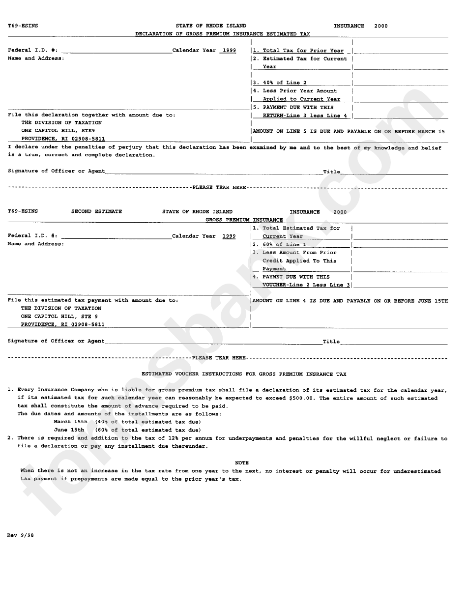 Form T69-Esins - Declaration Of Gross Premium Insurance Estimated Tax - Rhode Island Division Of Taxation