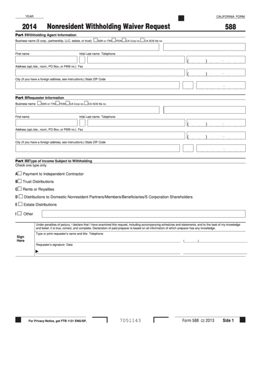Fillable California Form 588 - Nonresident Withholding Waiver Request - 2014 Printable pdf