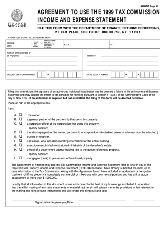 Form 1998rpie - Income And Expense Statement - Agreement To Use The 1999 Tax Commission Printable pdf