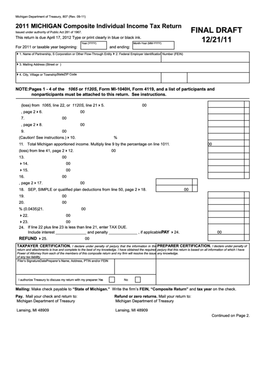 Form 807 Draft - Michigan Composite Individual Income Tax Return - 2011 Printable pdf