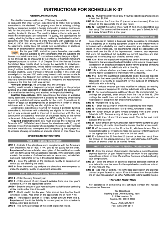 Instructions For Schedule K-37 - Kansas Department Of Revenue Printable pdf