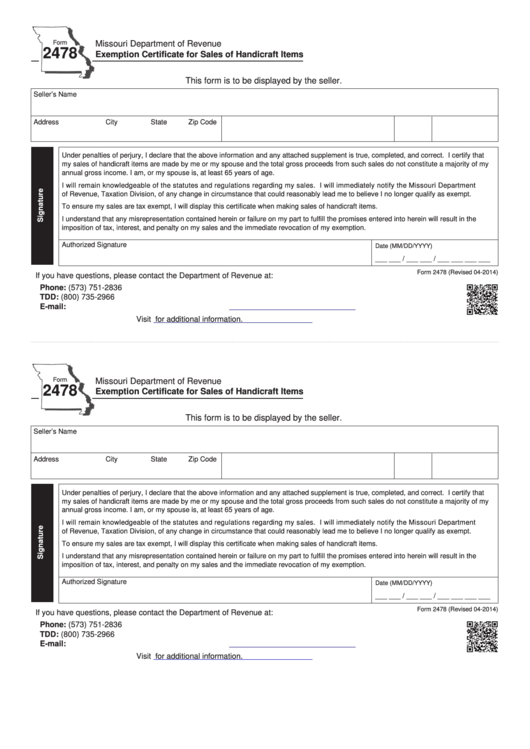 Fillable Form 2478 - Exemption Certificate For Sales Of Handicraft Items - 2014 Printable pdf