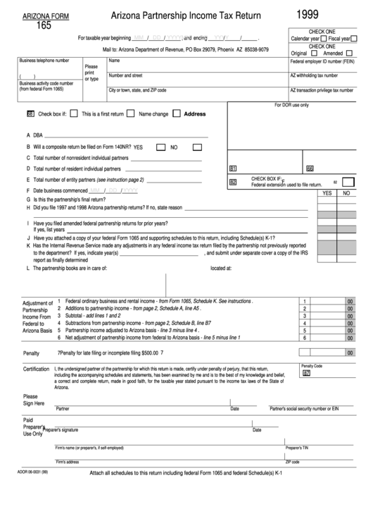 Form 165 - Arizona Partnership Income Tax Return - 1999 Printable pdf