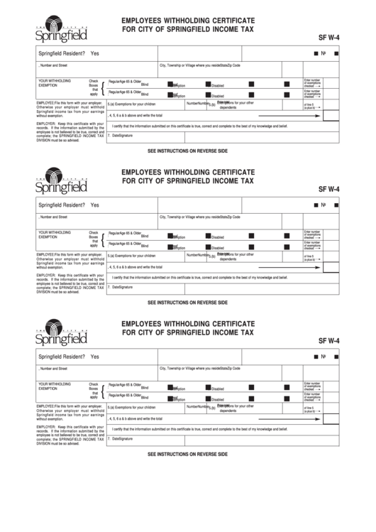Form Sf W-4 - Employees Withholding Certificate For City Income Tax - City Of Springfield Printable pdf