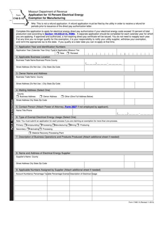 Fillable Form 1749 E-10 - Application For 10 Percent Electrical Energy Exemption For Manufacturing - 2013 Printable pdf