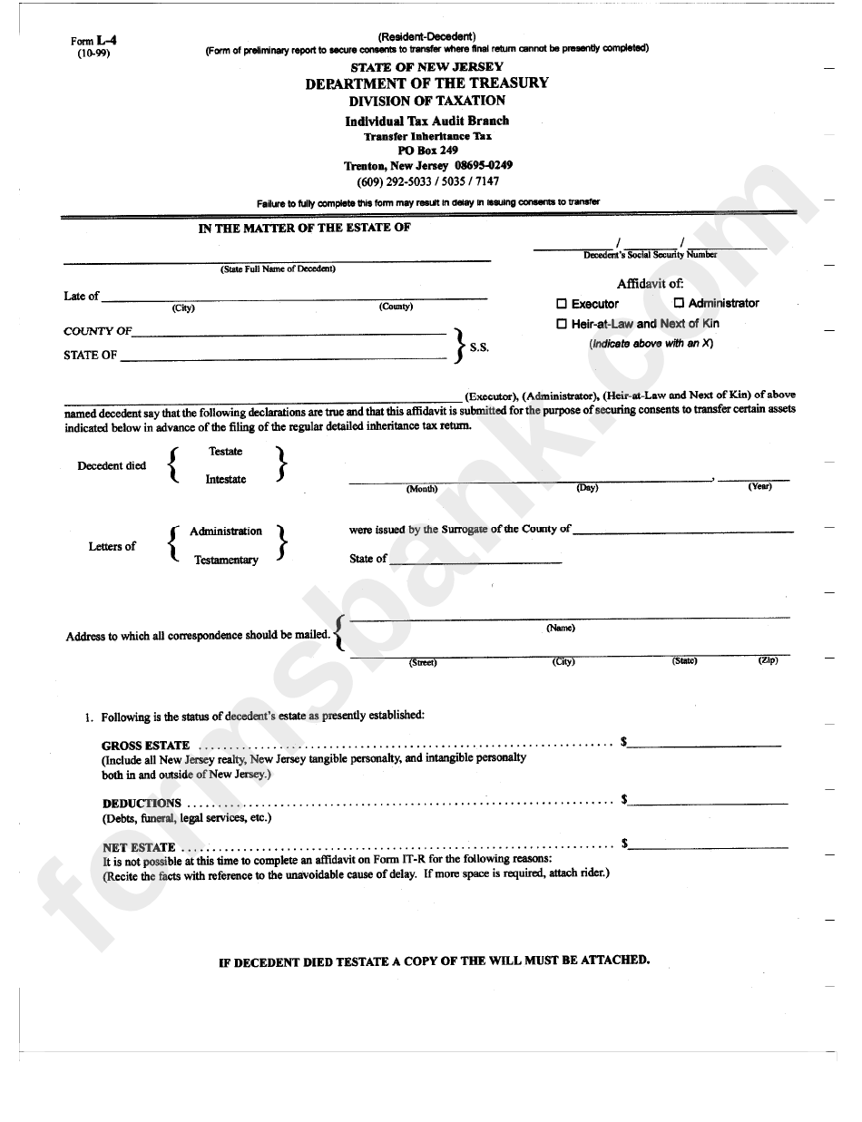 Form L-4 - Transfer Inheritance Tax - New Jersey Department Of Treasury