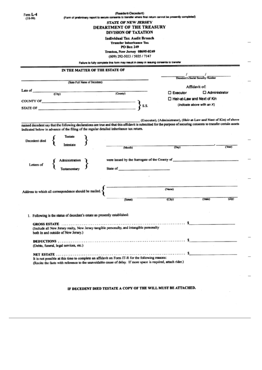 Form L-4 - Transfer Inheritance Tax - New Jersey Department Of Treasury Printable pdf