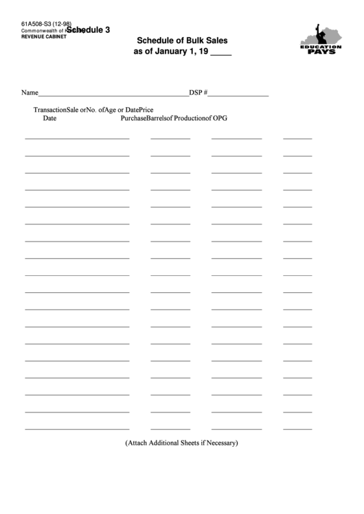 Fillable Form 61a508-S3 Schedule 3 - Schedule Of Bulk Sales - Kentucky Revenue Cabinet Printable pdf