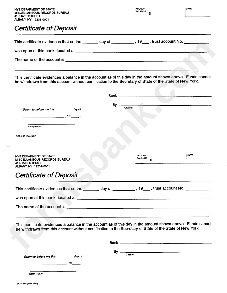 Form Dos-280 - Certificate Of Deposit - Nys Department Of State