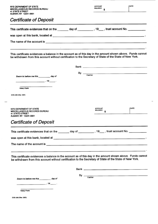 Form Dos-280 - Certificate Of Deposit - Nys Department Of State Printable pdf