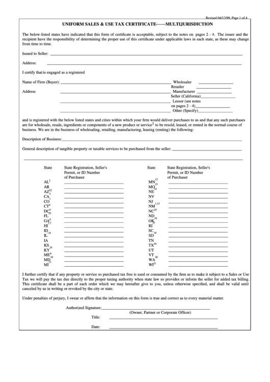 Uniform Sales & Use Tax Certificate 3/4 Multijurisdiction - 1999 Printable pdf