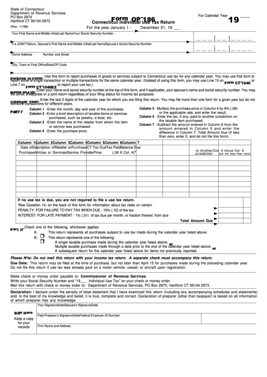 Fillable Form Op-186 - Connecticut Individual Use Tax Return Printable pdf