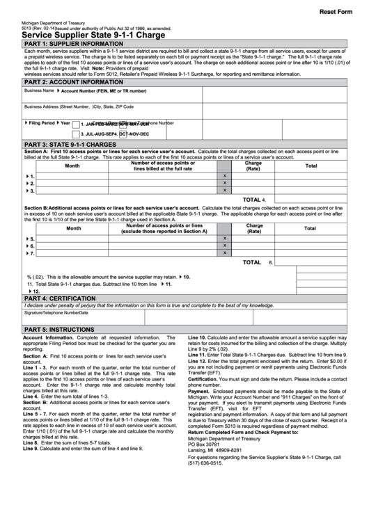 Fillable Form 5013 - Service Supplier State 9-1-1 Charge - 2014 Printable pdf