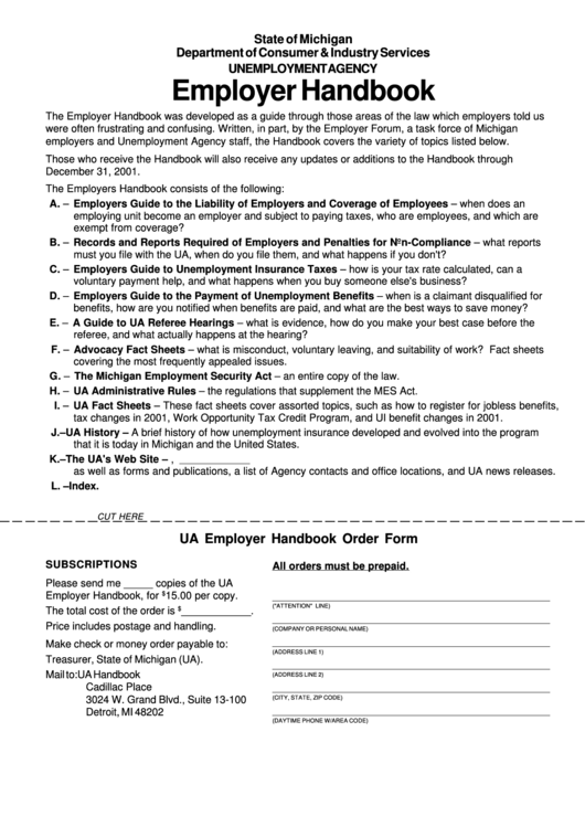 Ua Employer Handbook Order Form - Department Of Consumer And Industry Services Printable pdf