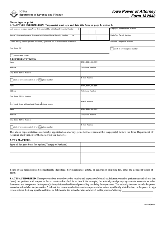 Form Ia2848 - Iowa Power Of Attorney - 2000 Printable pdf