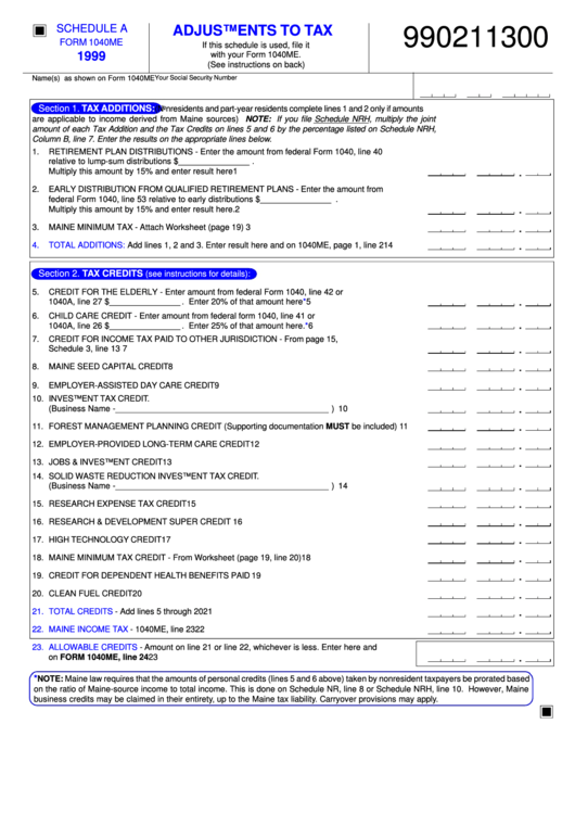 Form 1040me - Schedule A - Adjustments To Tax - 1999 Printable pdf