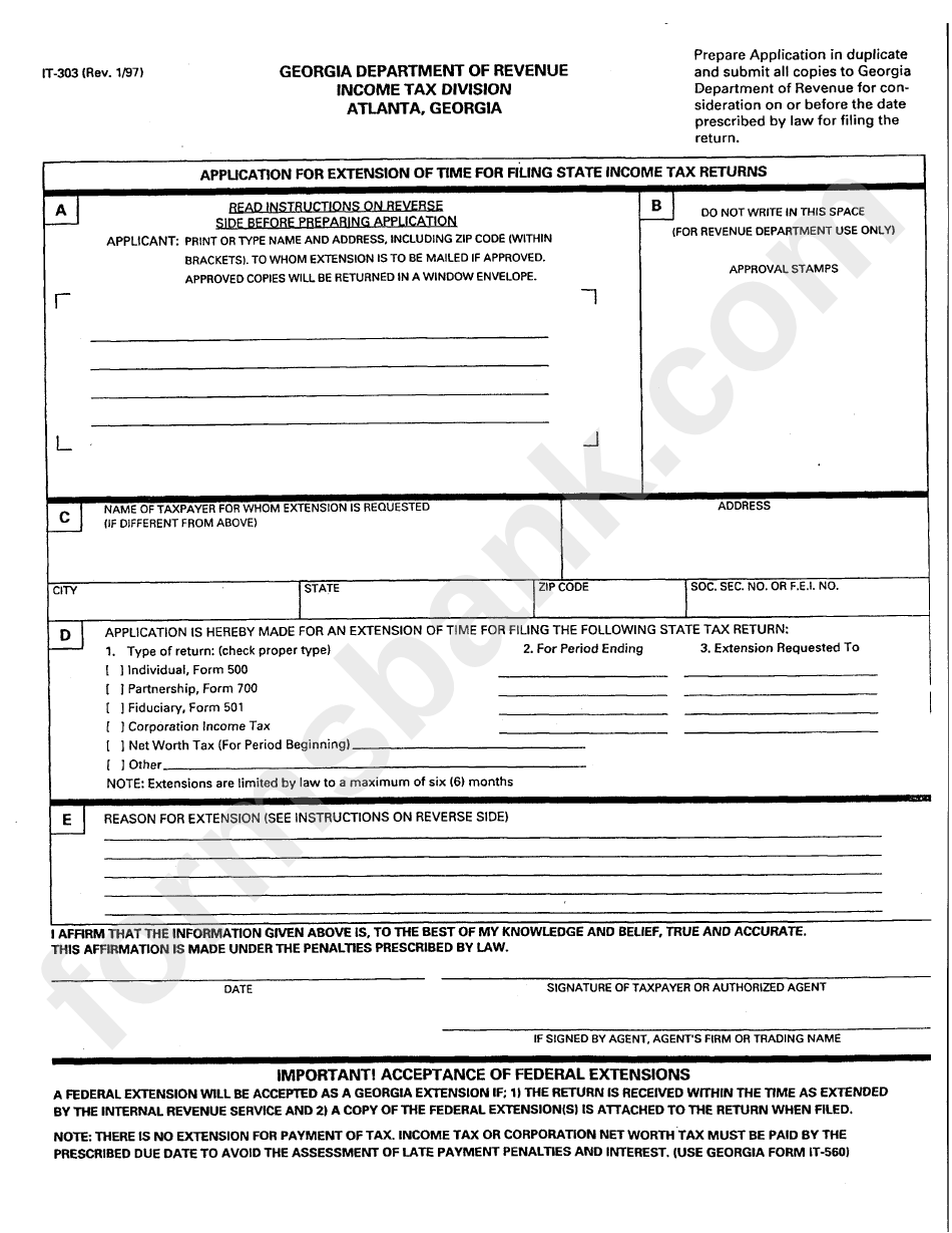 Form It-303 - Application For Extension Of Time For Filing State Income Tax Returns - 1997