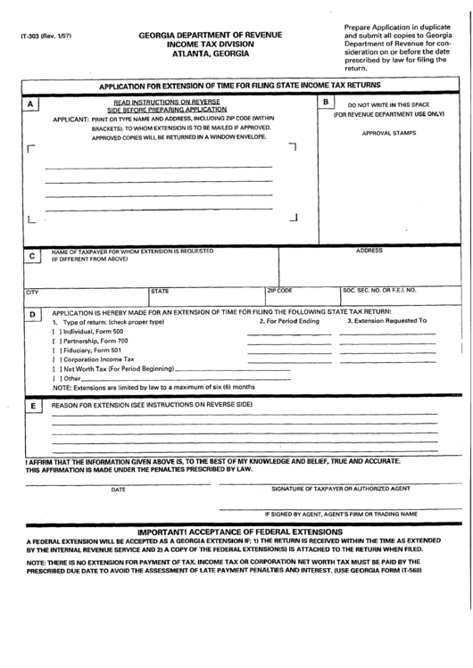 Fillable Form It-303 - Application For Extension Of Time For Filing State Income Tax Returns - 1997 Printable pdf