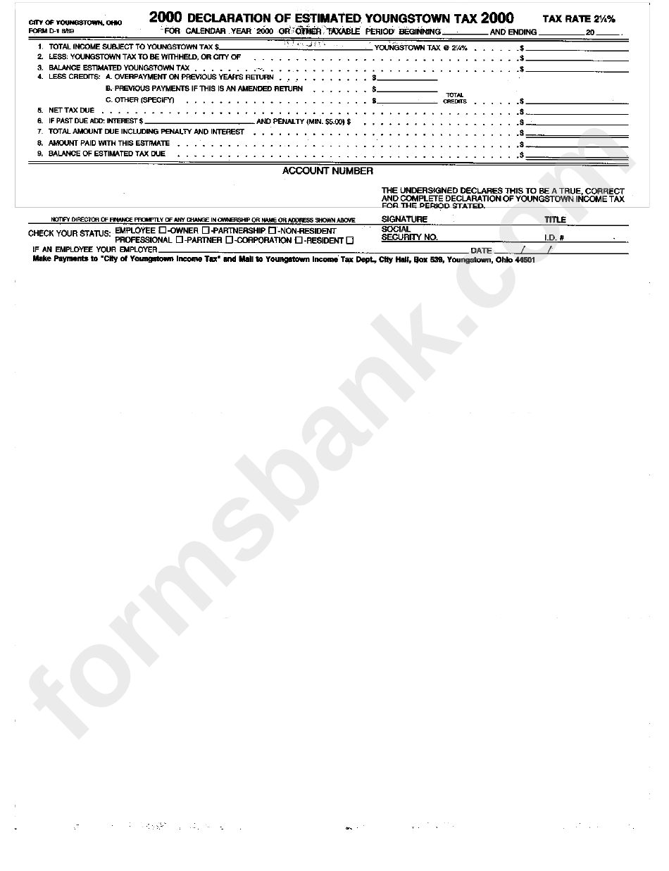 Form D-1 - Declaration Of Estimated Tax - City Of Youngstown, 2000