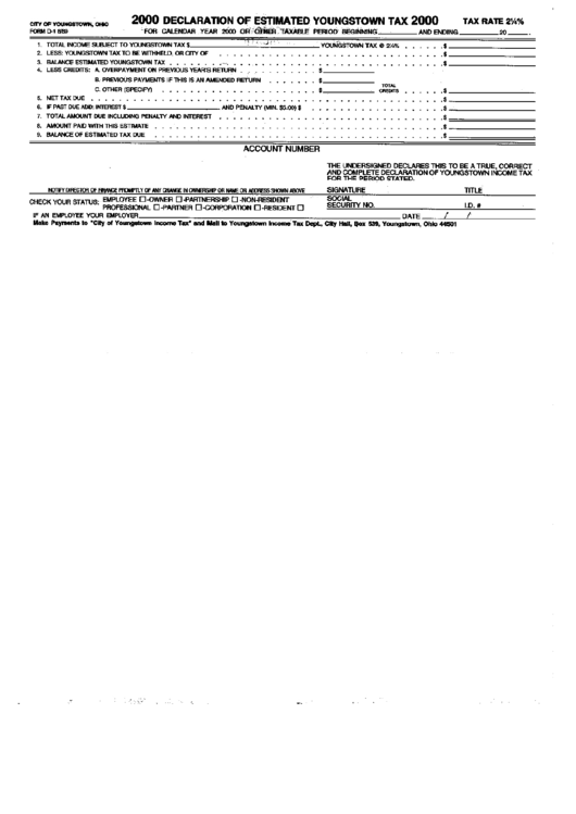 Form D-1 - Declaration Of Estimated Tax - City Of Youngstown, 2000 Printable pdf