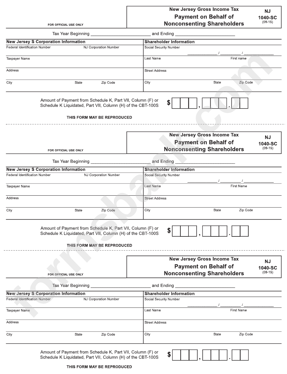 Form Nj 1040-Sc - Payment On Behalf Of Nonconsenting Shareholders