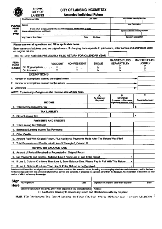 Form L-1040x - Amended Individual Return - City Of Lansing Printable pdf