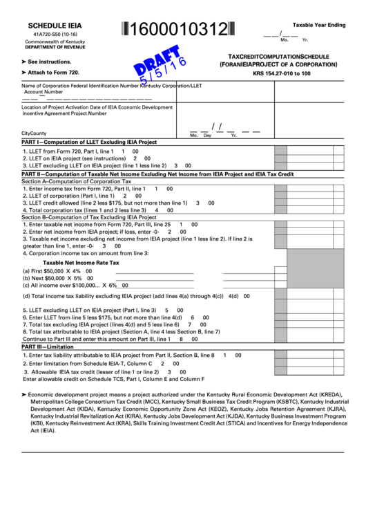 Form 41a720-S50 Draft - Schedule Ieia - Tax Credit Computation Schedule (For An Ieia Project Of A Corporation) Printable pdf
