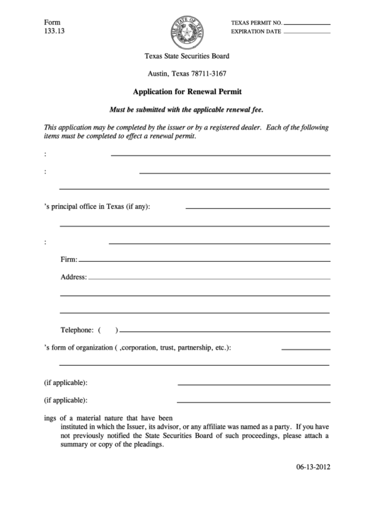Form 133.13 - Application For Renewal Permit - 2012 Printable pdf