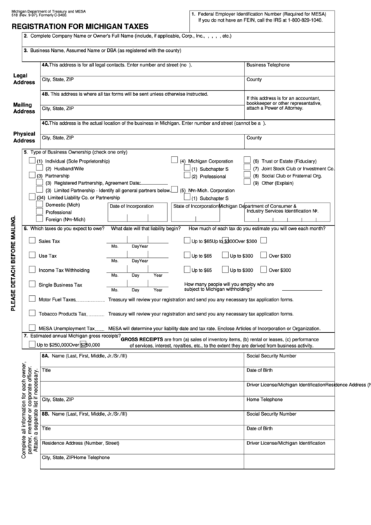Fillable Form 518 - Registration For Michigan Taxes - 1997 Printable pdf