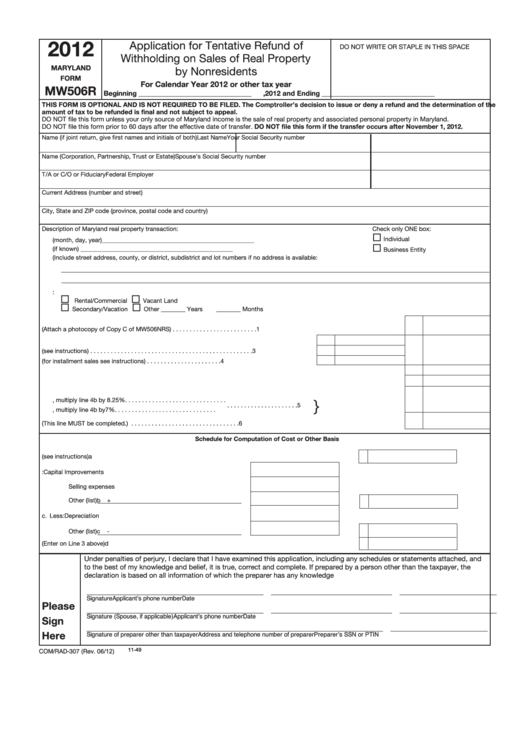 Fillable Form Mw506r - Application For Tentative Refund Of Withholding On Sales Of Real Property By Nonresidents - 2012 Printable pdf